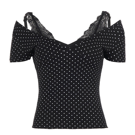 Summer Sexy Slim Fit All Match V Collar Polka Dot T shirt Lace Stitching Underwear Two Piece Sets