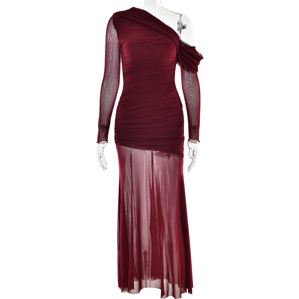 Women Dress Mesh Stitching Pleated Solid Color Long Sleeve Slim Fit Maxi Dress