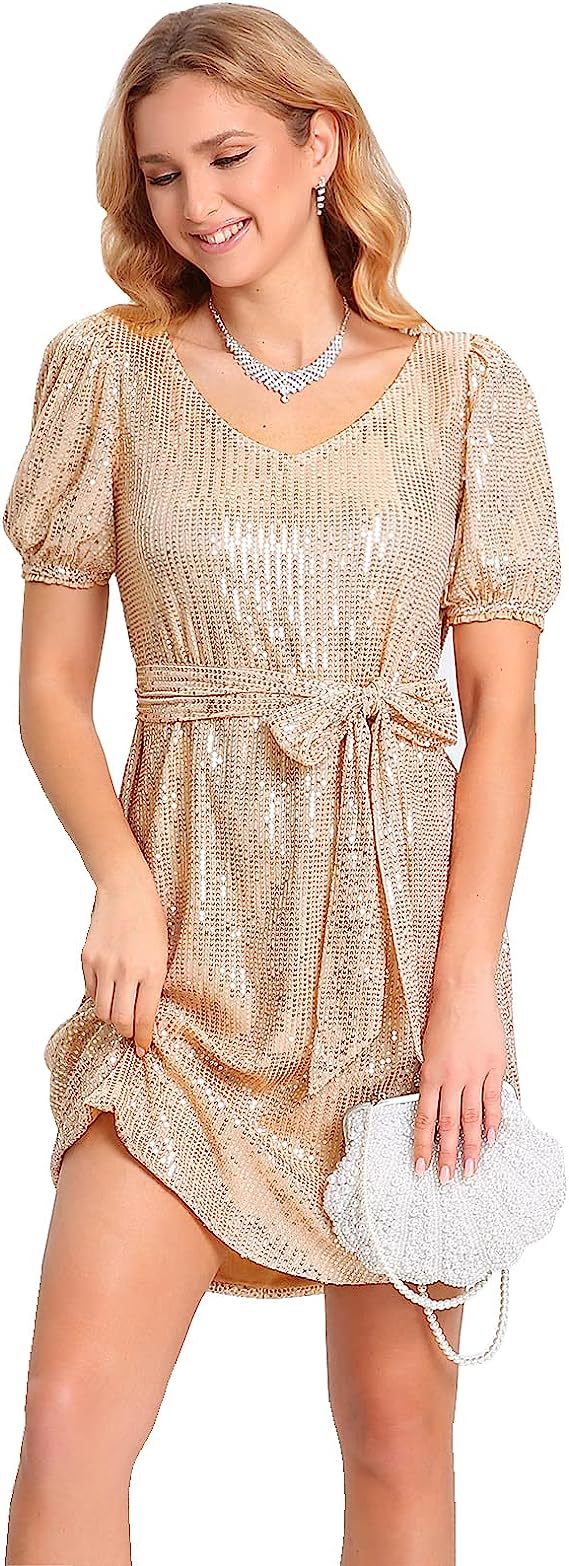 Women Short Sleeve V neck Sequ Mini Sequin Dress with Belt Shiny Cocktail Party Dress Elegant