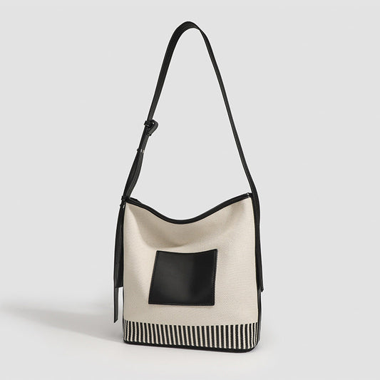 Canvas Splicing Large Capacity Bucket Bag, Wide Shoulder Strap Fashion hobo bag for women, Versatile Striped Shoulder Bag