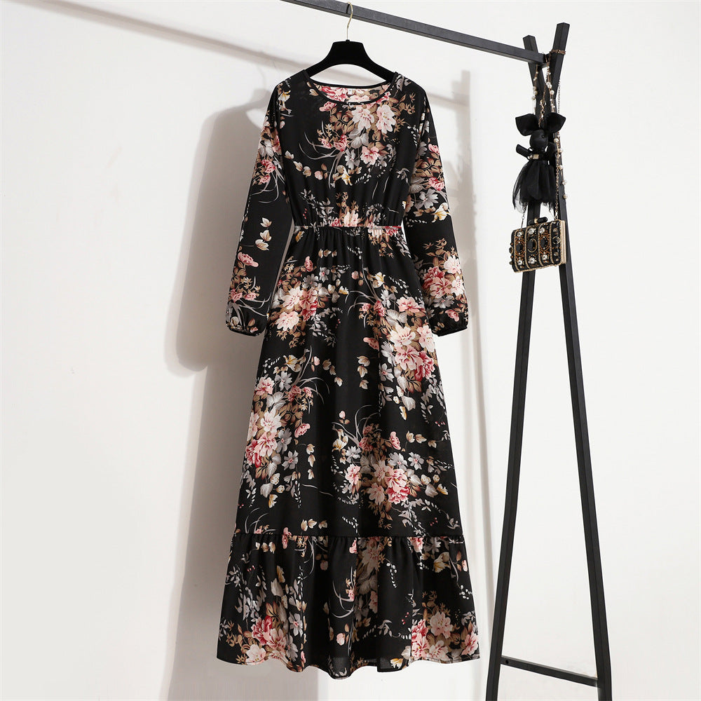 Spring and Autumn floral chiffon dress waist thin long sleeve round neck long printed skirt children