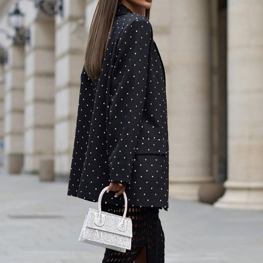 Spring Autumn Women Printed Collared Long Sleeve with Belt Blazer