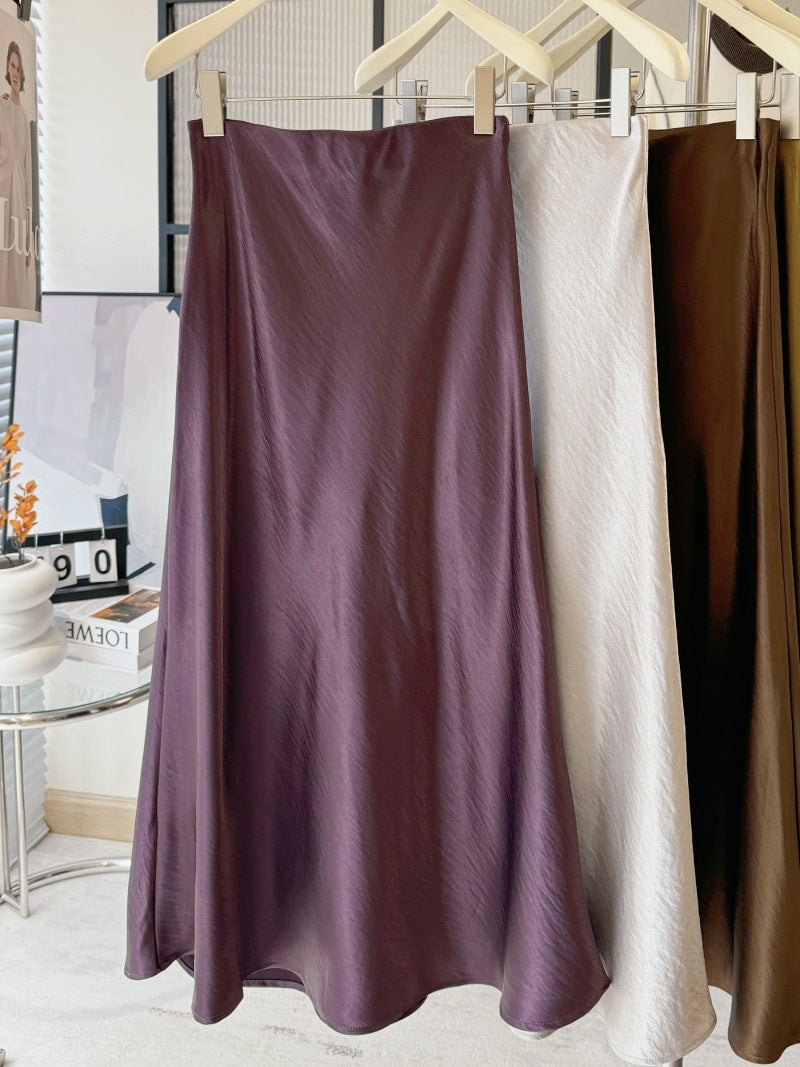 Acetate Satin Fishtail Skirt Women Simple Graceful Drooping Slimming Sheath A line Mid Length Skirt