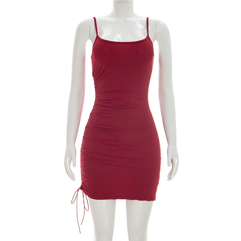 Women Clothing Summer Solid Color Casual Sleeveless Strap Drawstring Skinny Sheath Short Dress