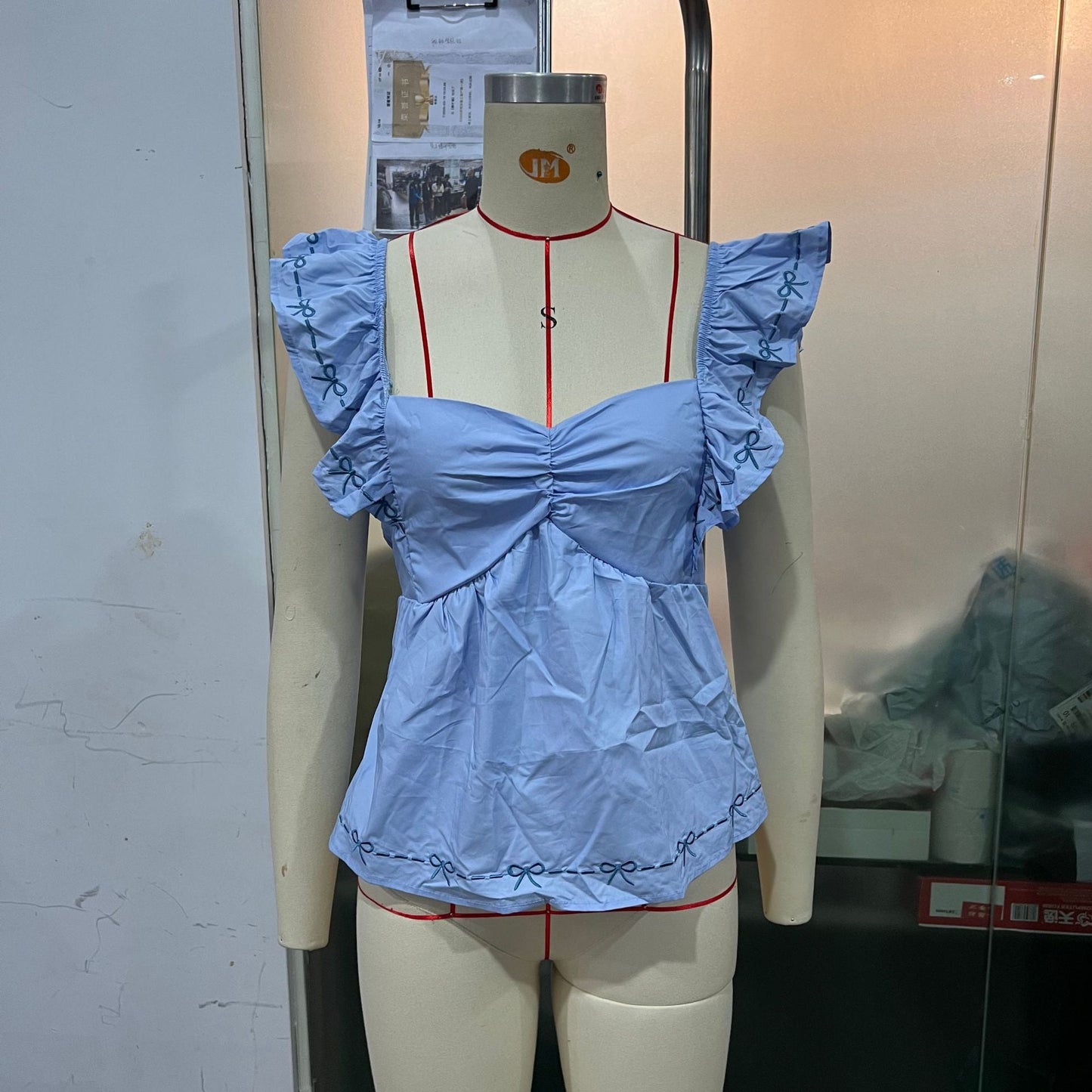 Supply Elegant Sweet Women Embroidered Shirt Top Bow Fold Flounced Sleeve T shirt
