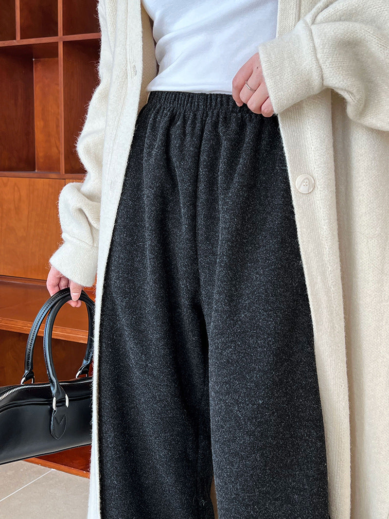 Autumn Winter Cashmere Grandma Pants Cropped Wide Leg Pants Elastic Waist Wool Woolen Pants Women