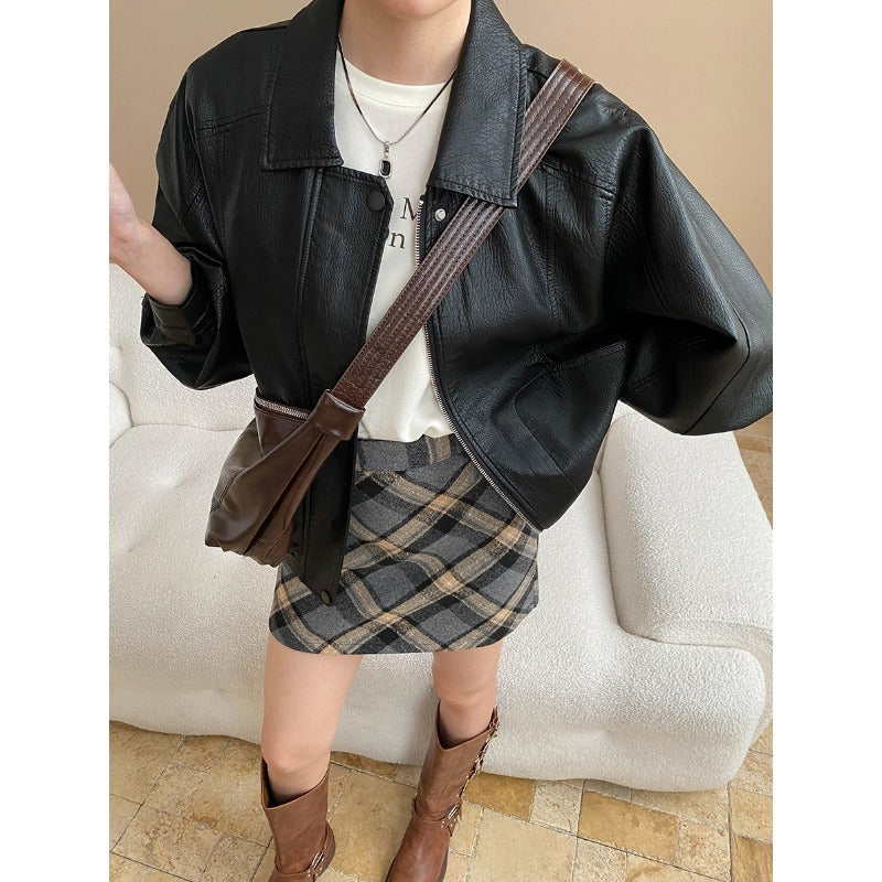 Modern Street Retro Faux Leather Collared Loose Slimming Leather Jacket Coat