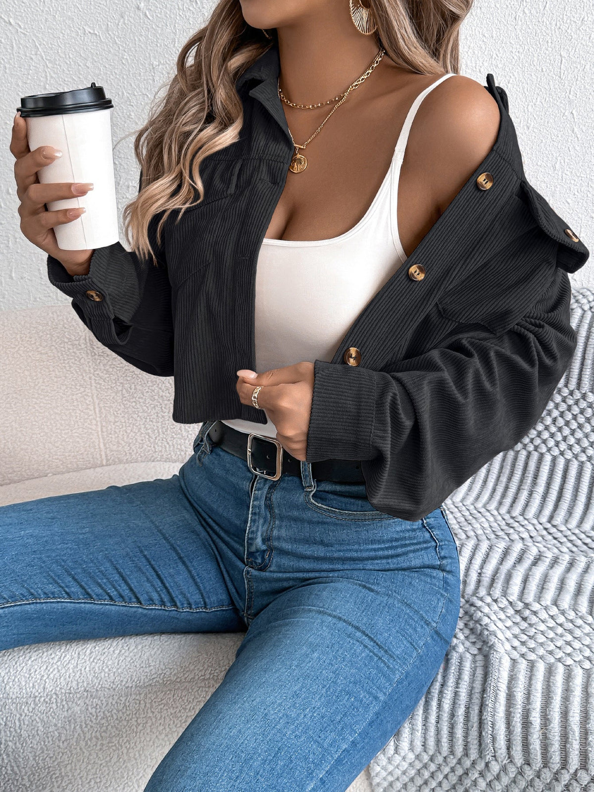 Fall Winter Casual Pocket Long Sleeve Corduroy Short Jacket Women Clothing