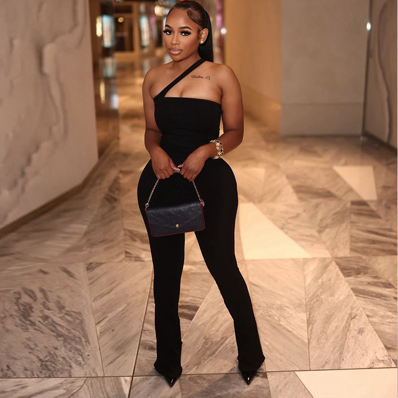 Women Clothing Micro Elastic Backless Sexy Solid Color Long Conjoined Trousers Sleeveless Oblique Shoulder Strap Thin Jumpsuit