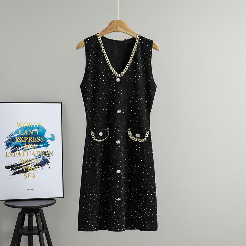 Spring Autumn Sleeveless Vest Waist Dress Figure Flattering Outerwear Mid Length Dress Women