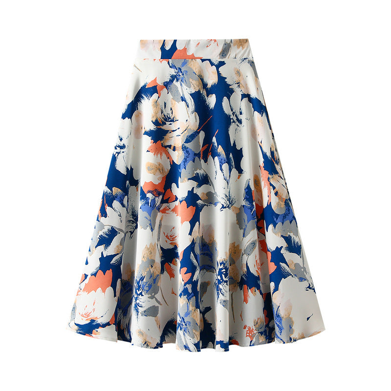 Women Floral Skirt Summer High Waist Slimming Drape Mid Length Retro A Line Umbrella Skirt