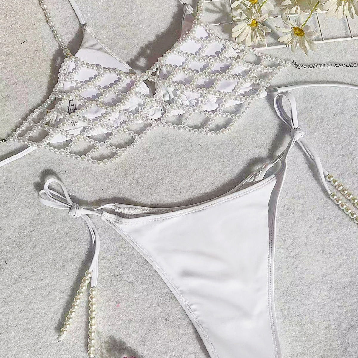 Pearl Chain Tied Swimsuit Women Sexy Bikini Advanced Split Three Piece Set