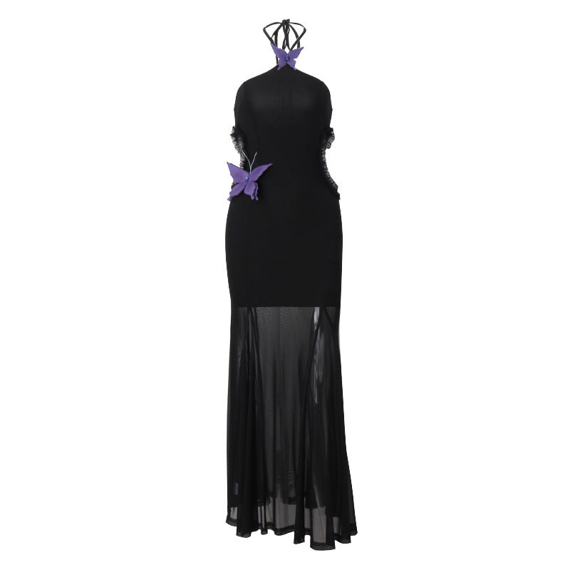 Autumn Sexy off Shoulder Halter Butterfly Decoration Slim Fit Holiday Dress Women