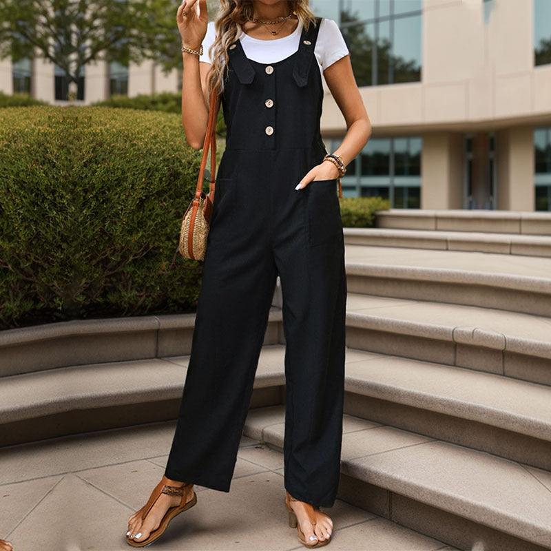 Summer Casual Simple Fastener Decoration Solid Color Suspenders Pants