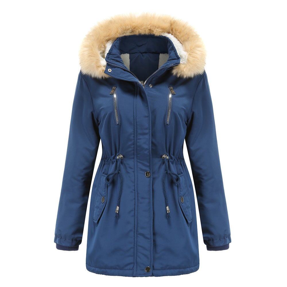 Autumn Winter Women Clothing Thick Lambskin Cotton-Padded Coat Women Loose Women Cotton Clothes Removable Hat Fleece Padded Coat