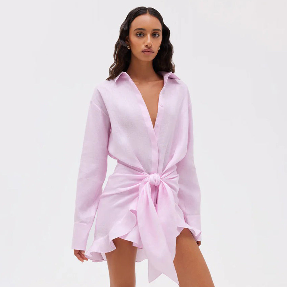Shirt Dress Summer Vacation Lazy Solid Color Tied Collared Sheath Shirt Dress