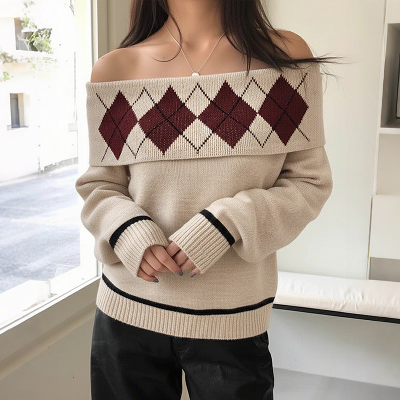 Autumn Winter Sexy Elegant Rhombus Plaid Jacquard off Shoulder Loose Sweater