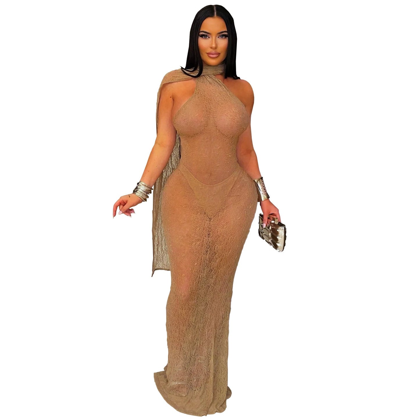 Women Clothing Sexy See through Lace Cappa Fishtail Dress Nightclub Sheath Dress