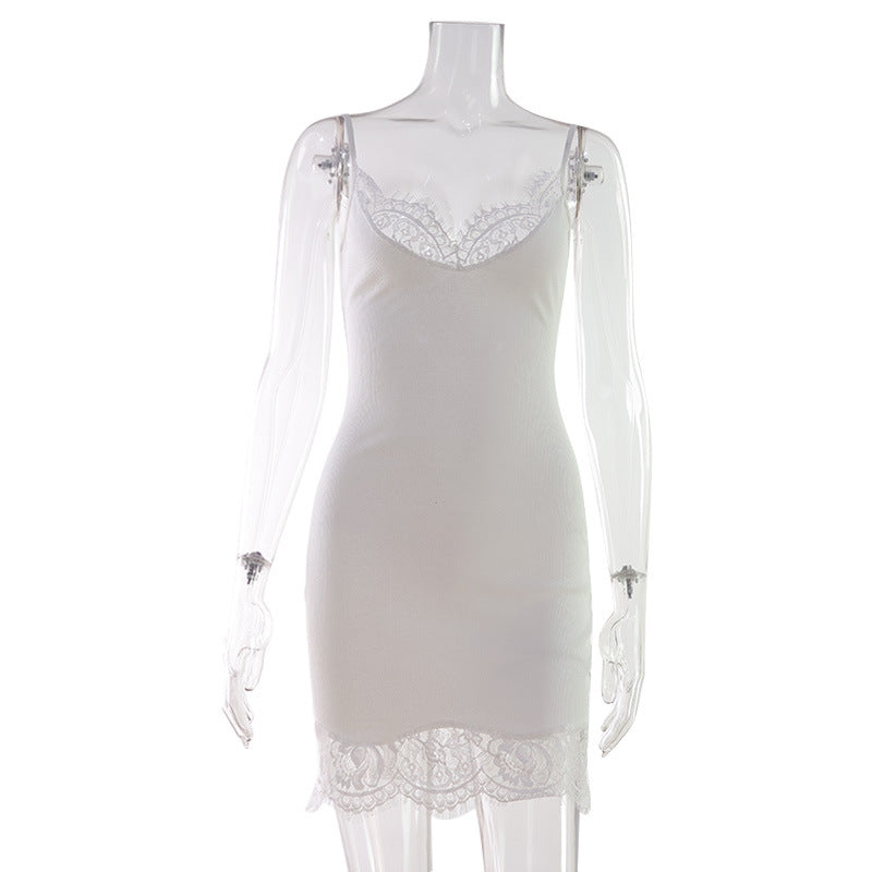 Summer Sexy Lace Stitching Sexy Dress Slim Fit Waist Trimming Spaghetti Straps Sheath Solid Color Dress