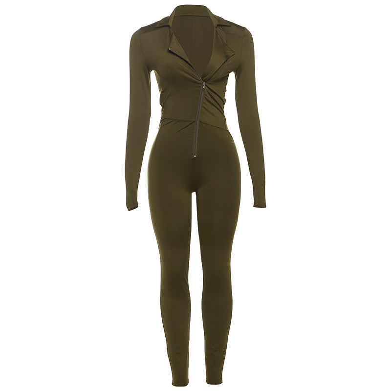 Spring Women Clothing Sexy Tight V neck Long Sleeve Sports Casual Solid Color Jumpsuit
