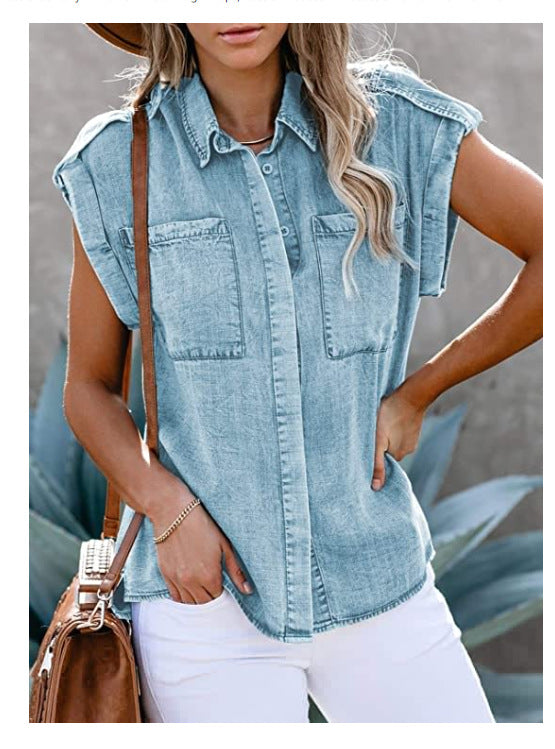 New Sleeveless Denim Shirt Straight Pocket Loose Top for Women
