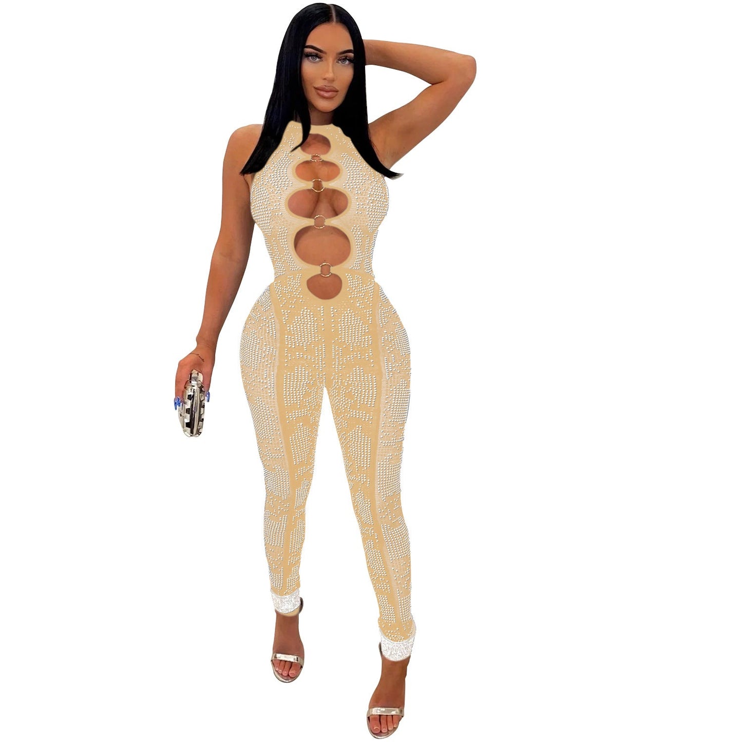 Women Wear Mesh See through Rhinestone Sleeveless Trousers Jumpsuit