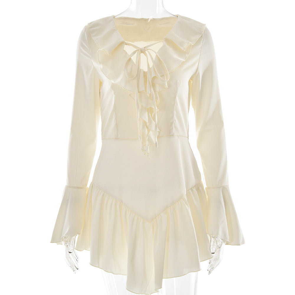 Patchwork Ruffled Slim Fit Sexy V neck Bandage Women Clothing Dress