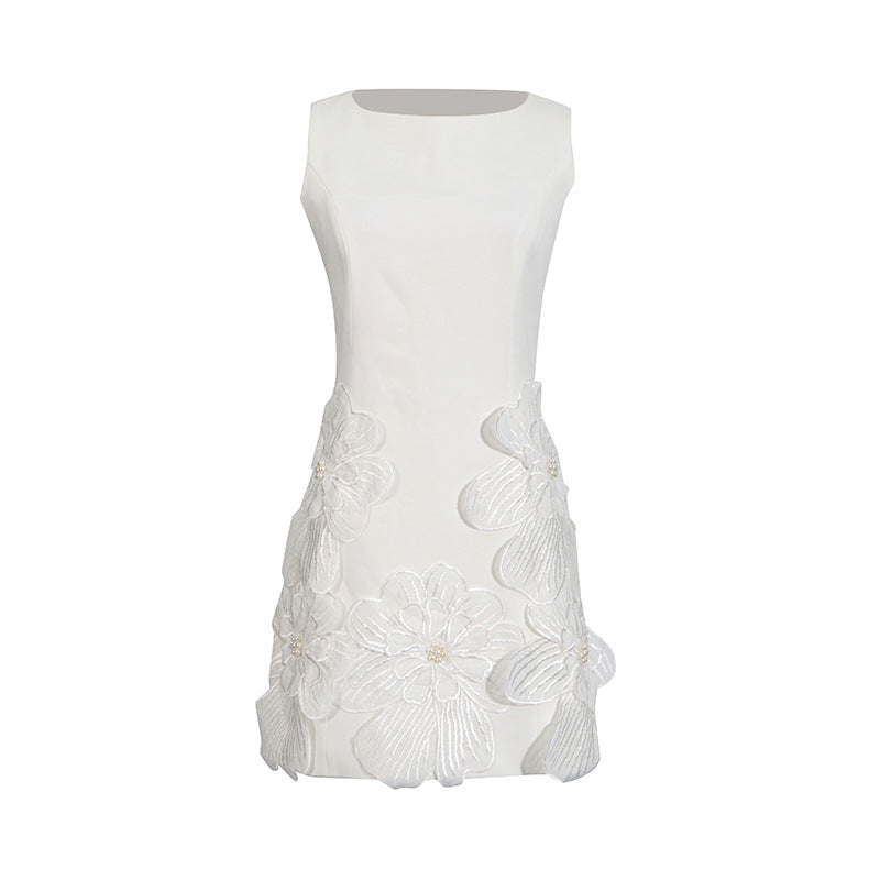 French Sweet Date Short Dress Summer round Neck Sleeveless Waist Design Three Dimensional Floral Dress
