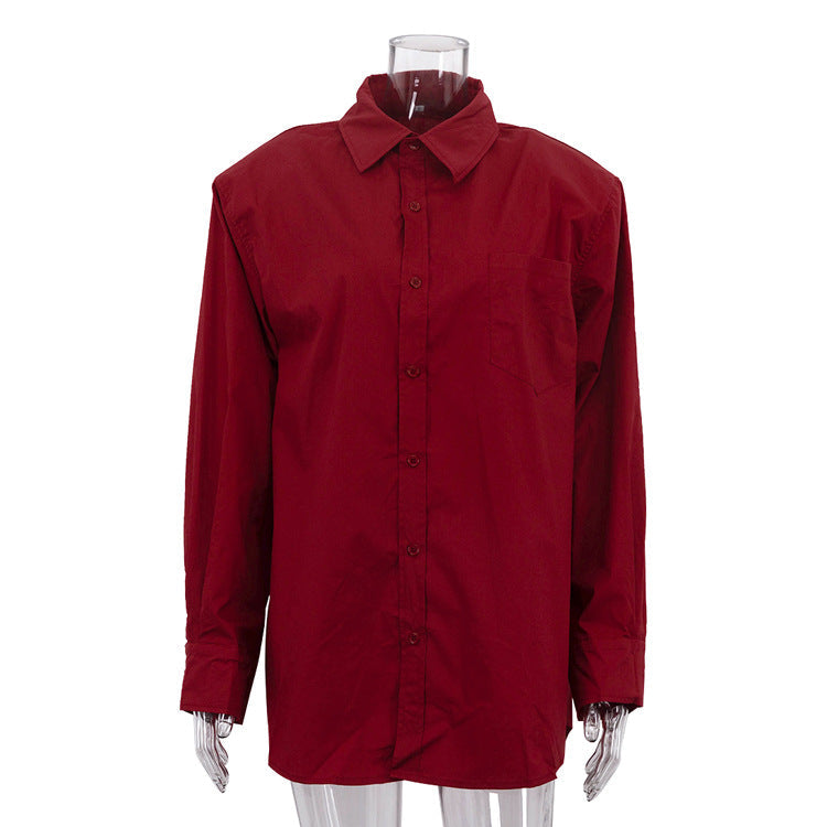 Simple Women Cotton Shirt Autumn Polo Collar Long Sleeve Cardigan Casual All Matching