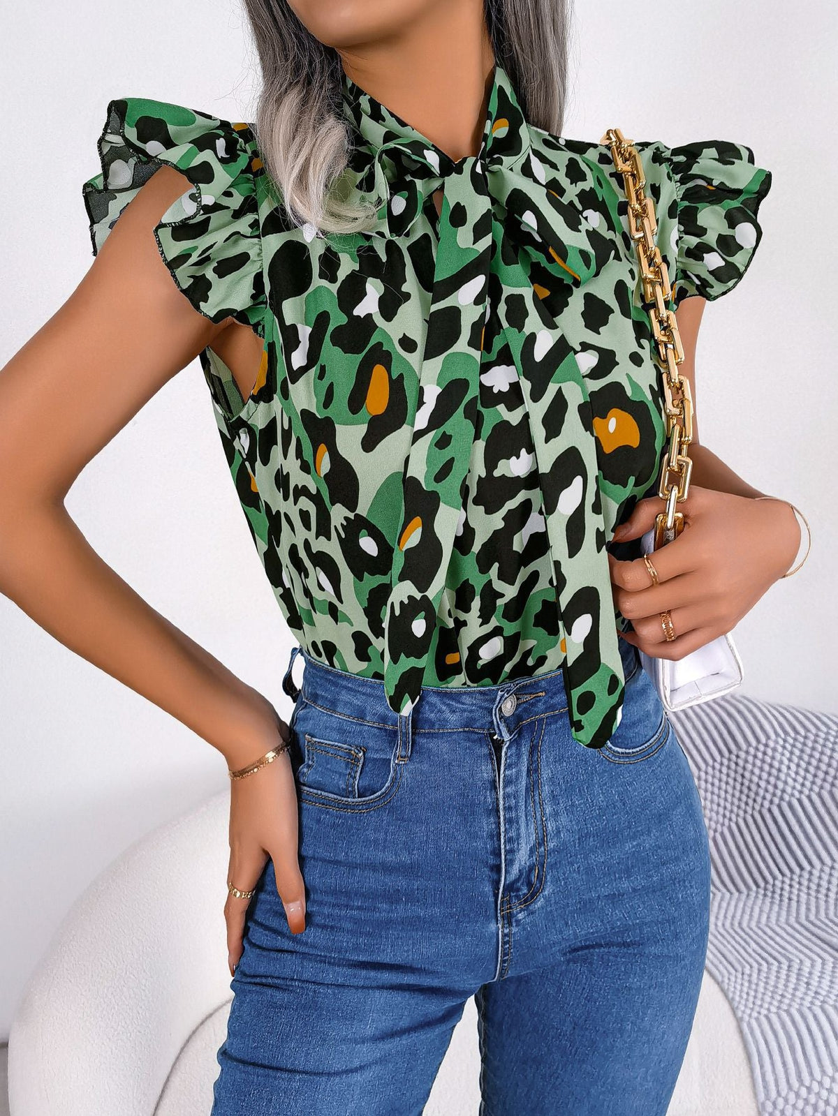 Spring Summer Casual Leopard Print Stringy Selvedge Lace Up Chiffon Blouse Top Women Clothing