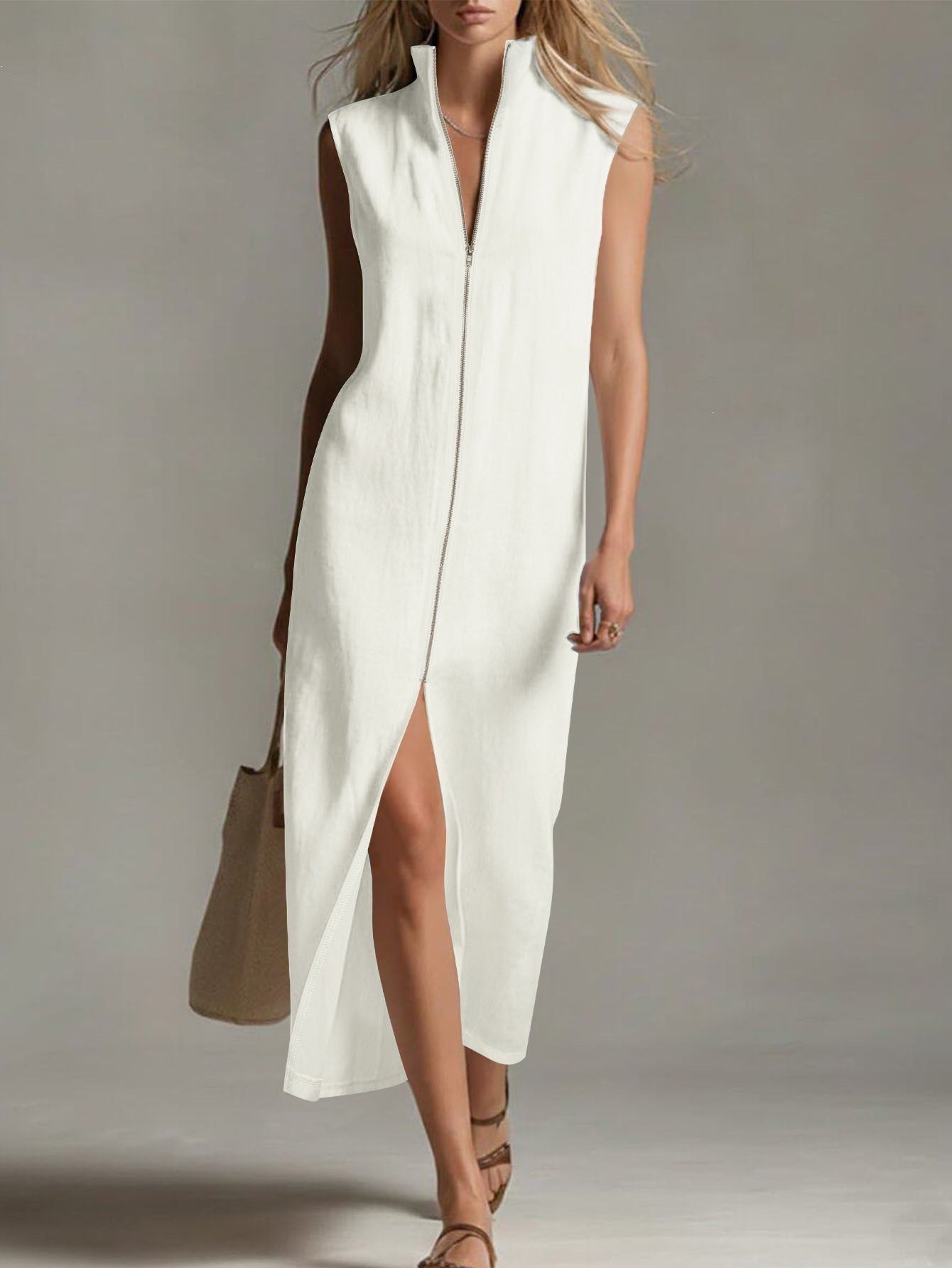 Office Stand Collar Sleeveless Vest Dress Solid Color Loose Split Maxi Dress