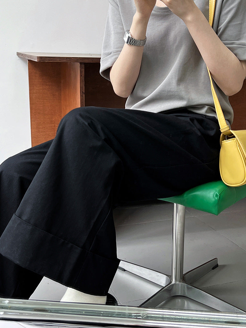 Washed Cotton Work Pant Trousers Women Summer Slimming Slim Fit Casual Curling Wide Leg Pants