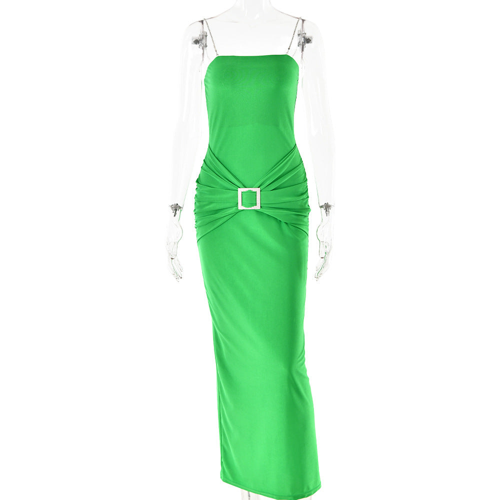 Sexy Women Light Diamond Sling Backless Sleeveless Dress Stitching High Waist Slim Fit Maxi Dress Spring Summer