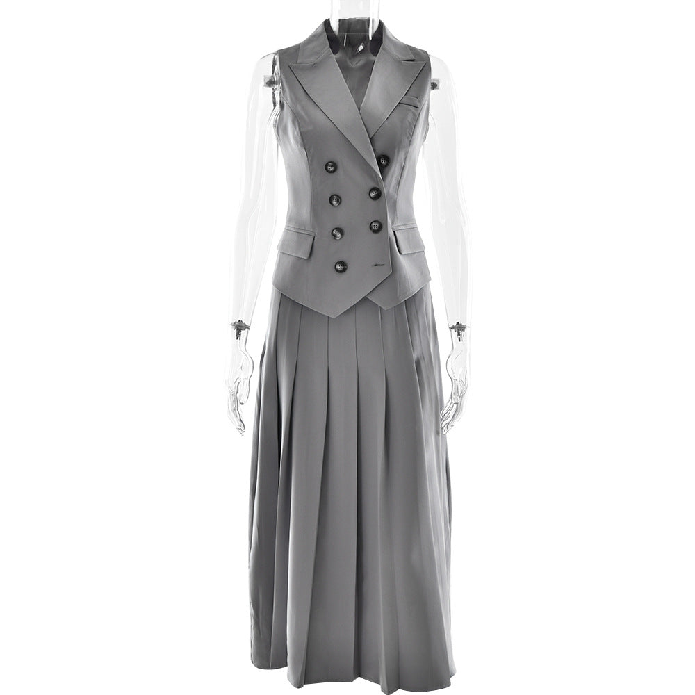 Autumn Elegant Maxi Skirt Sleeveless Vest Pleated Dress Two Piece Sets