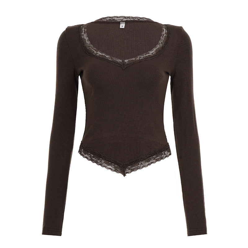 Sexy off Shoulder Lace Stitching Long Sleeve T shirt Women Polka Dot Slim Fit Knitted Top