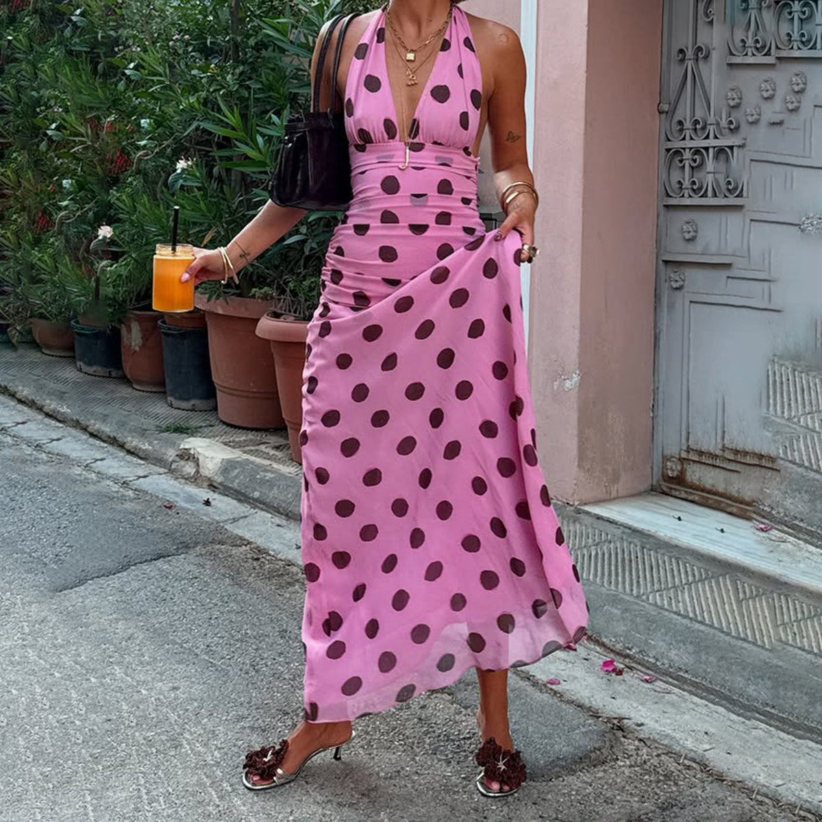 Casual Vacation Polka Dot V neck Halter Dress Women Backless Lace up Waist Slimming Maxi Dress