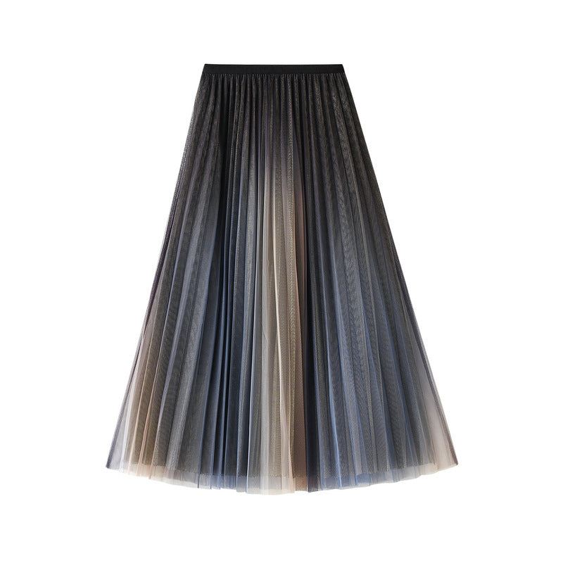 High Waist Slimming Large Hem Double-Layer Mesh Gradient Bright Color Mid-Length Skirt Spring Summer Women 0859