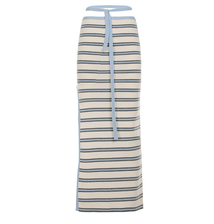 Casual Vacation Knitted Striped Skirt Set Cropped Short Strap High Waist Lace up Skirt Two Piece Set