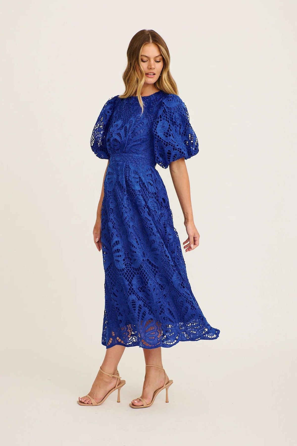 Puff Sleeve Large Swing Dress Dress Hollow Out Cutout out Stitching Water Soluble Lace Waist Solid Color Dress