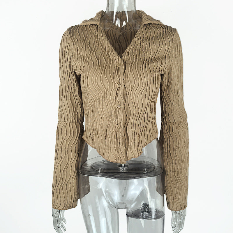 Spring Mechanism Jacquard Shirt Women Sexy Slim Collared Women Cardigan Bell Sleeve Top