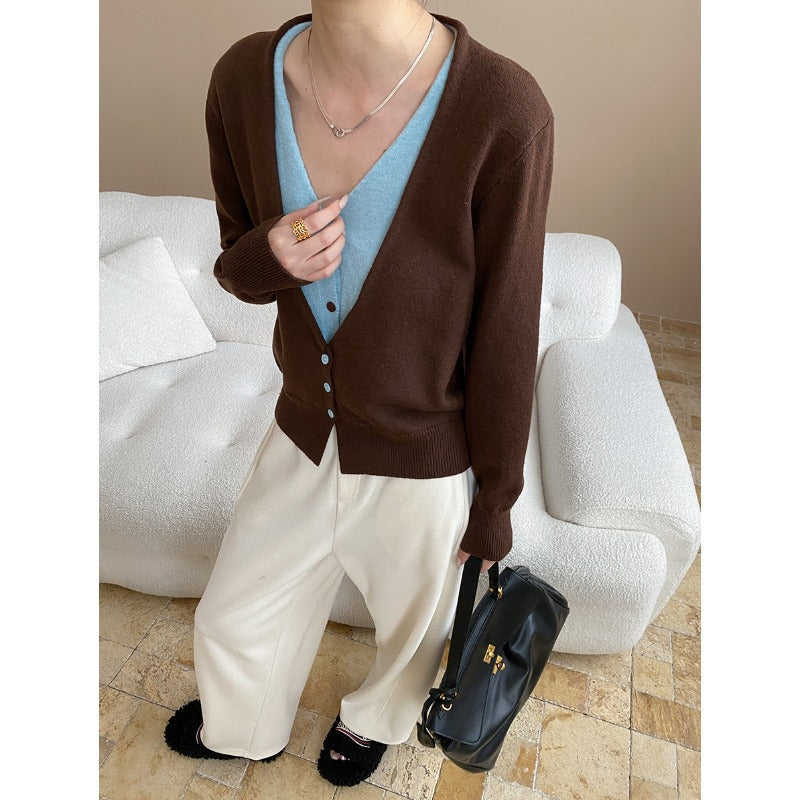 Layered Aesthetics Niche Design Contrast Colors False Two Piece V neck Figure Flattering Knit Cardigan