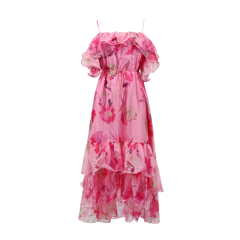 French off Shoulder Ruffled Cami Dress Solid Color Loose Slimming Dress for Women Summer