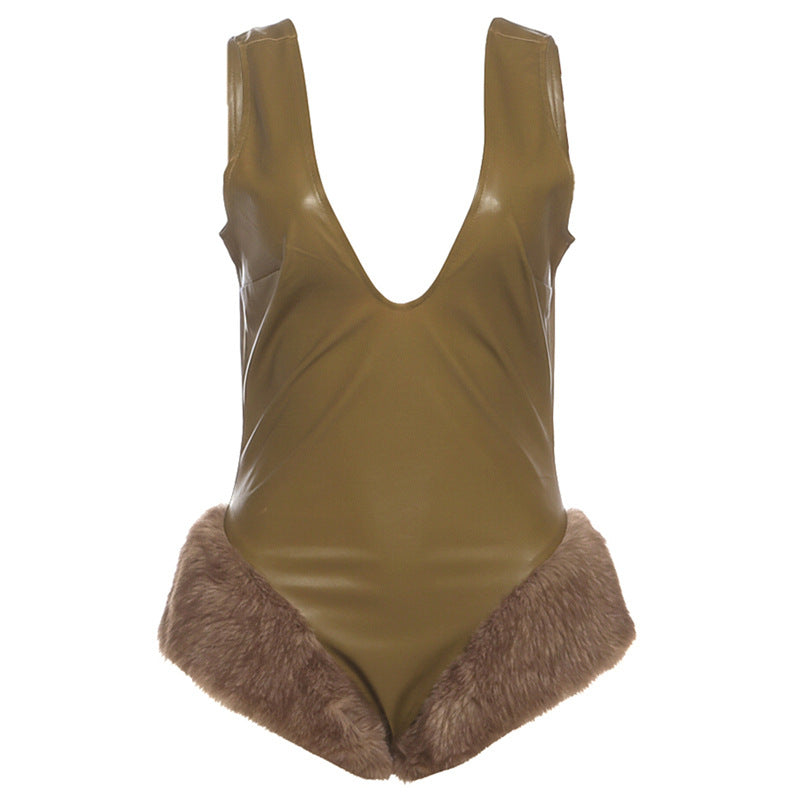 Autumn Winter Women Clothing Sexy V neck Poly Urethane Leather Frayed Strap Jumpsuit Women