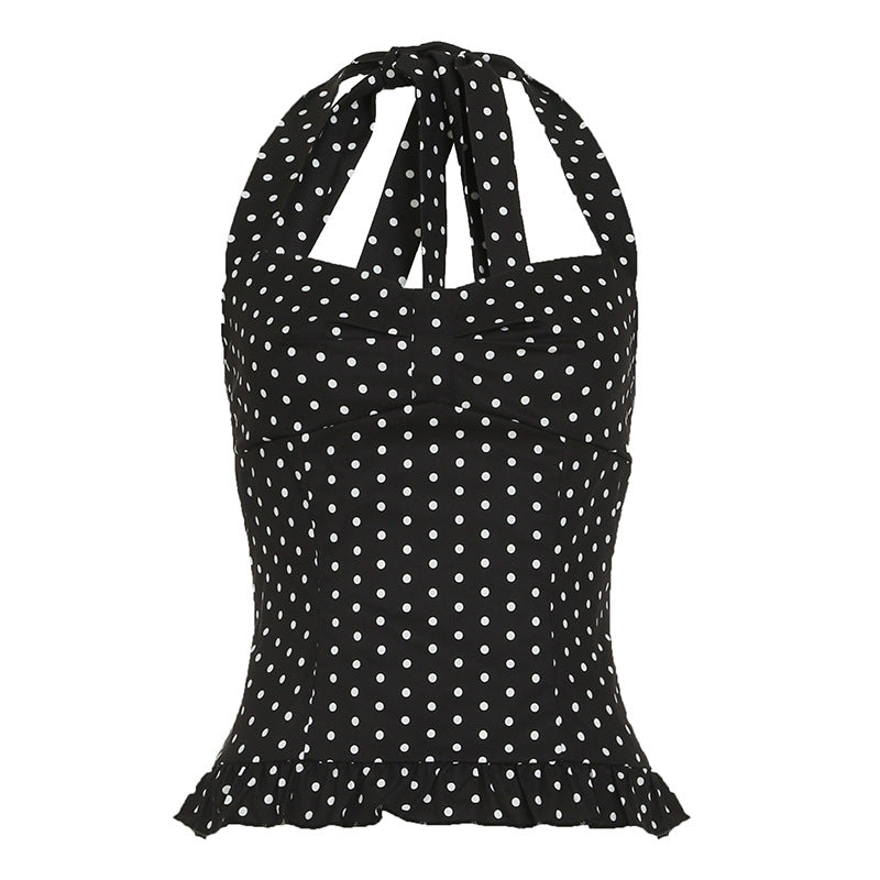 Women Polka Dot Print Chest Pleated Halter Strap Vest Pure Princess Waist Controlled Top