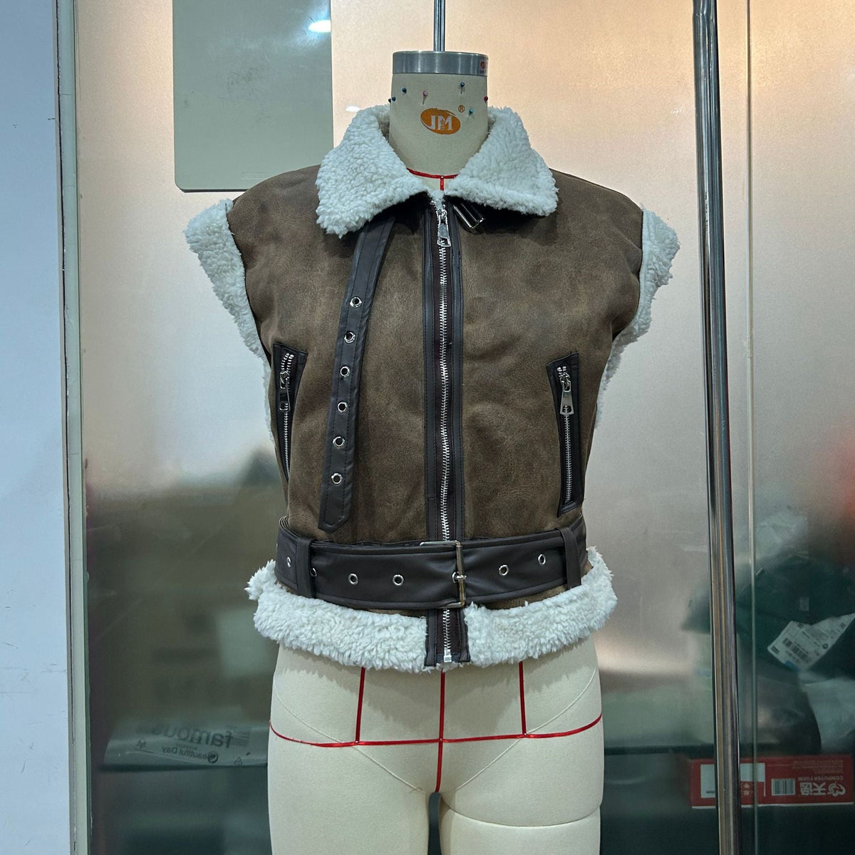 Women Clothing Motorcycle Zipper Faux Shearling Jacket Stitching Vest Vest Coat