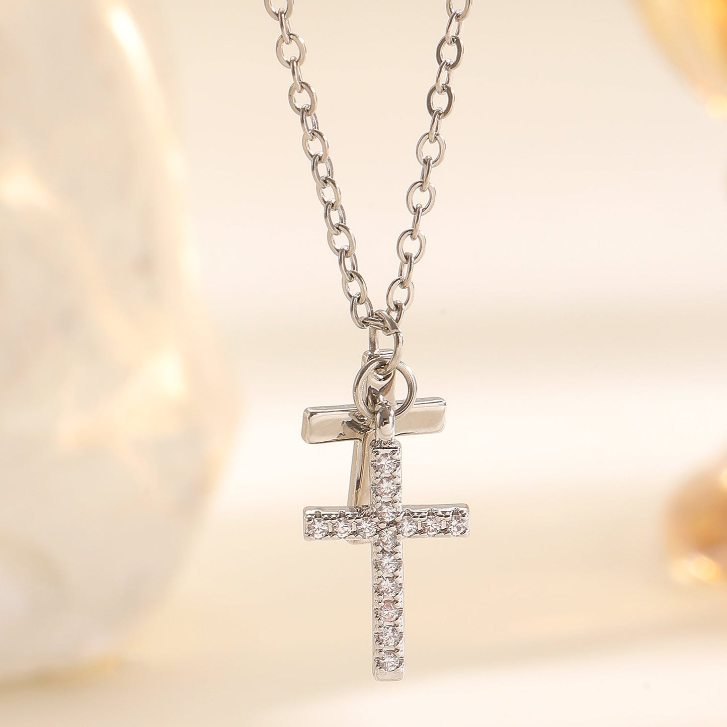 Double Cross Necklace Women Luxury Zircon Cross Pendant Clavicle Chain Daily Office Jewelry
