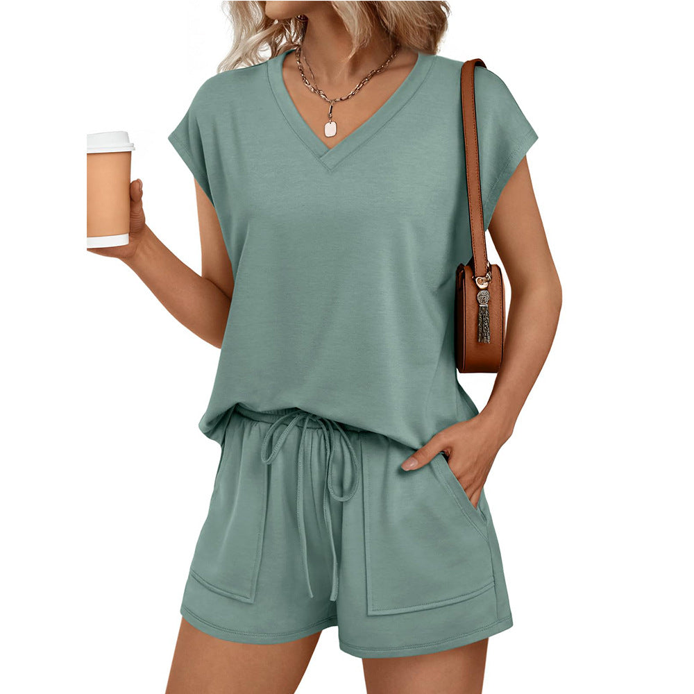 Summer Women V neck Short Sleeved Shorts Casual Two Piece Sets