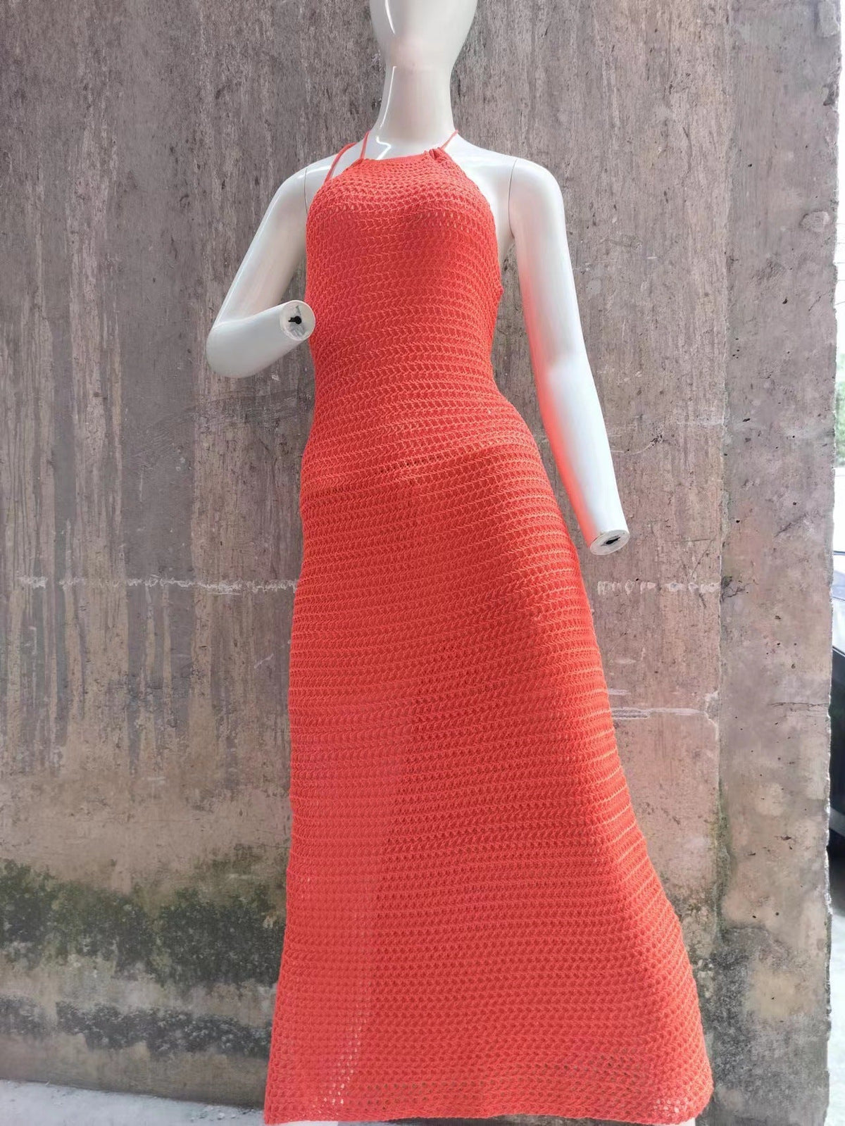 Halter Backless Maxi Dress Knitted Sleeveless Beach Bohemian Long Hollow Out Cutout Dress Women