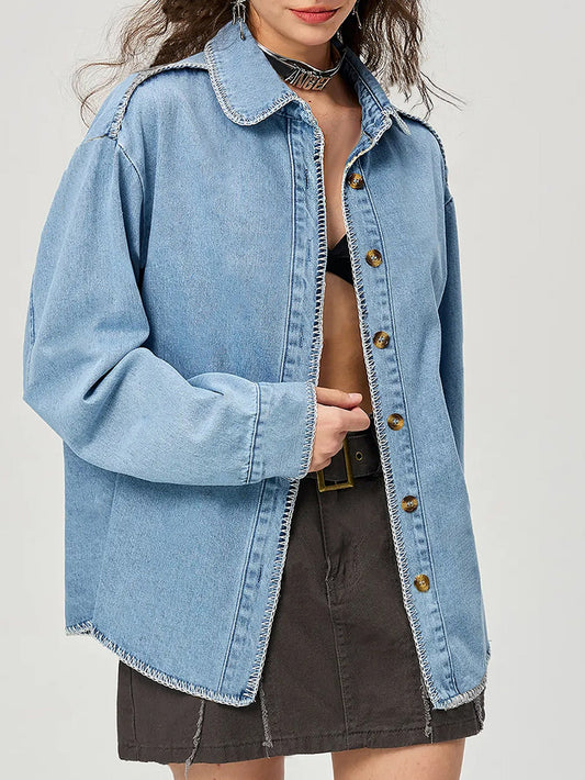 Women Clothing Street Polo Collar Long Sleeve Denim Shirt