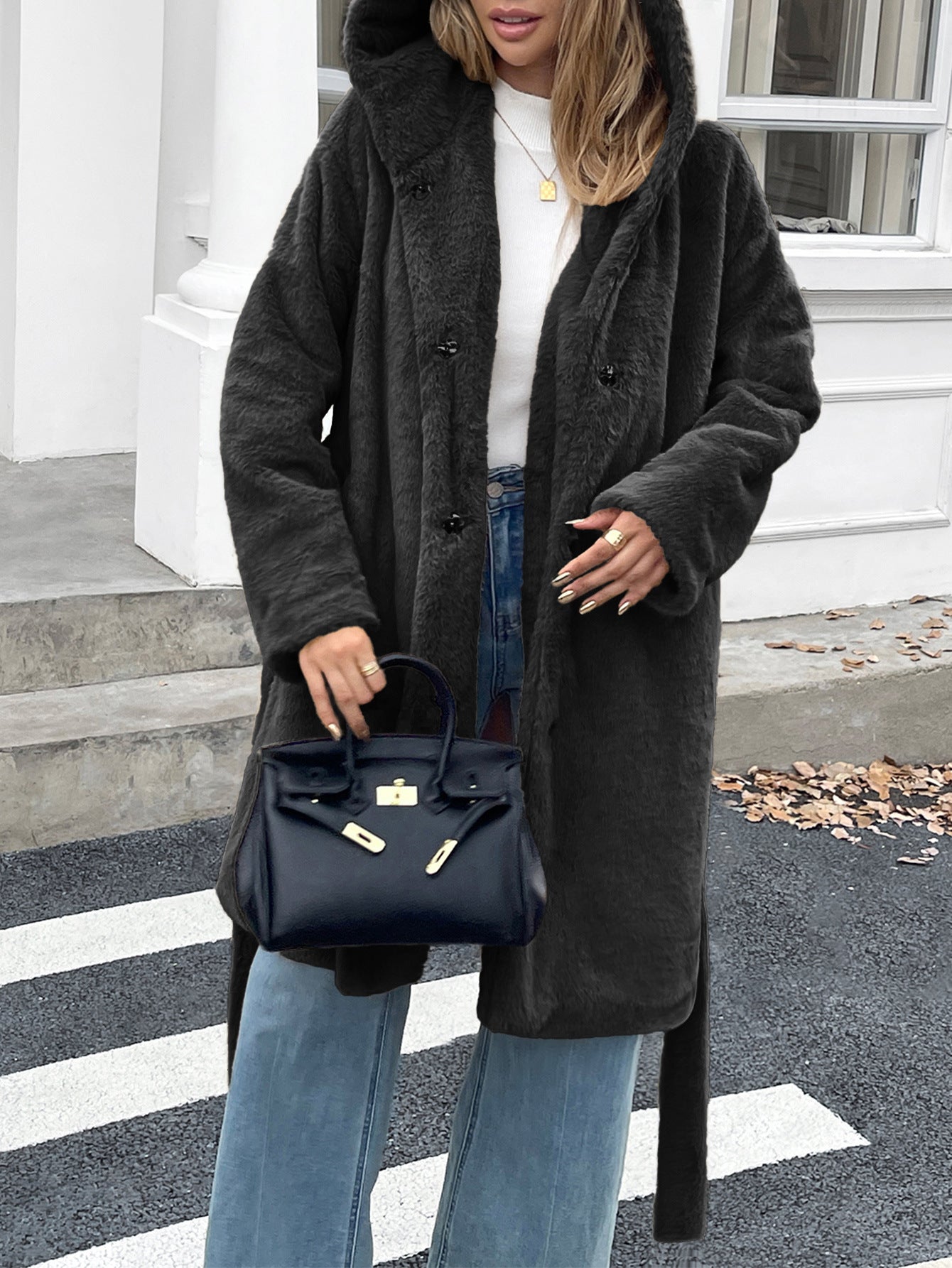 Women Clothing Autumn Winter Elegant Piece Coat Cap Long Sleeved Wind Coat
